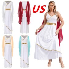 Womens Ancient Greek Dress Gold Trims Toga Greece Roman Queen Cosplay Dresses