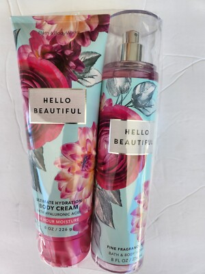 BATH & BODY WORKS HELLO BEAUTIFUL BODY CREAM & FINE FRAGRANCE MIST 8 FL OZ EACH
