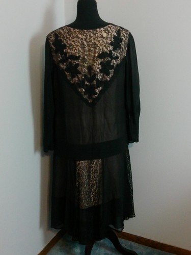 Fabulous Antique FLAPPER Dress Drop Waist Vintage 1930s 1940s Applique Lace - Picture 8 of 15