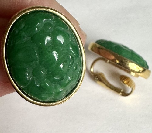 Orecchini Vintage Vetro Stampato Verde Pechino Vetro Colorato Giada Tono Oro - Foto 4 di 8