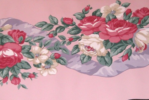 Wallpaper Border Purple Ribbon Red Cabbage Roses PINK 558102 Cottage Chic NIP - Picture 3 of 3