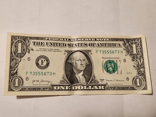 Fancy Serial 73/Bookends $1 Dollar 2017A Federal Reserve Note with triple 5s row