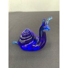 Vintage Paperweight Snail Figurine Blue Glass Sculpture - Hand Blown Seashell