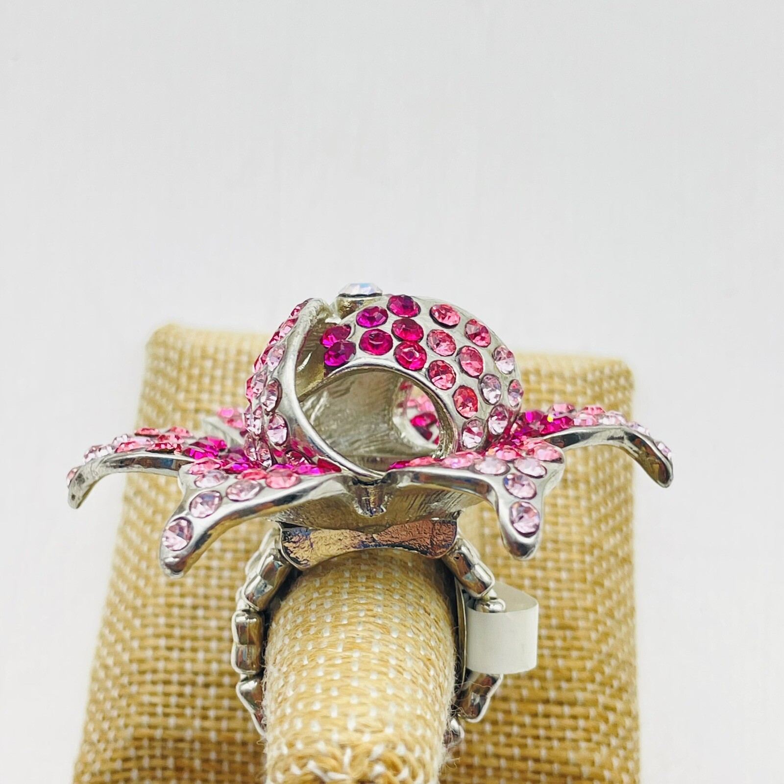 Pink Rhinestone Flower Statement Ring Silver Tone… - image 8