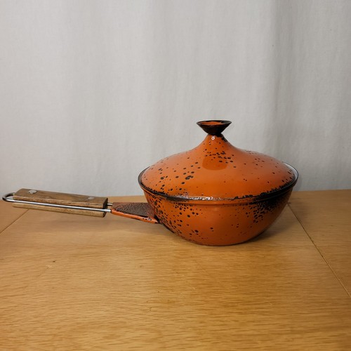 HANOVA of Pasadena Covered Saucepan Orange Lava Brutalist Enamel MCM 1960's Vtg - Picture 2 of 16