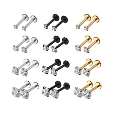 4 pairs Surgical Stainless Steel Hypoallergenic Flat Back Stud Earrings CZ Set