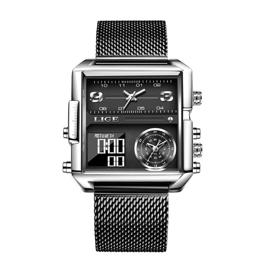 Montre-bracelet pour homme LIGE carrée en acier grand boîtier marque montre-bracelet numérique pour homme