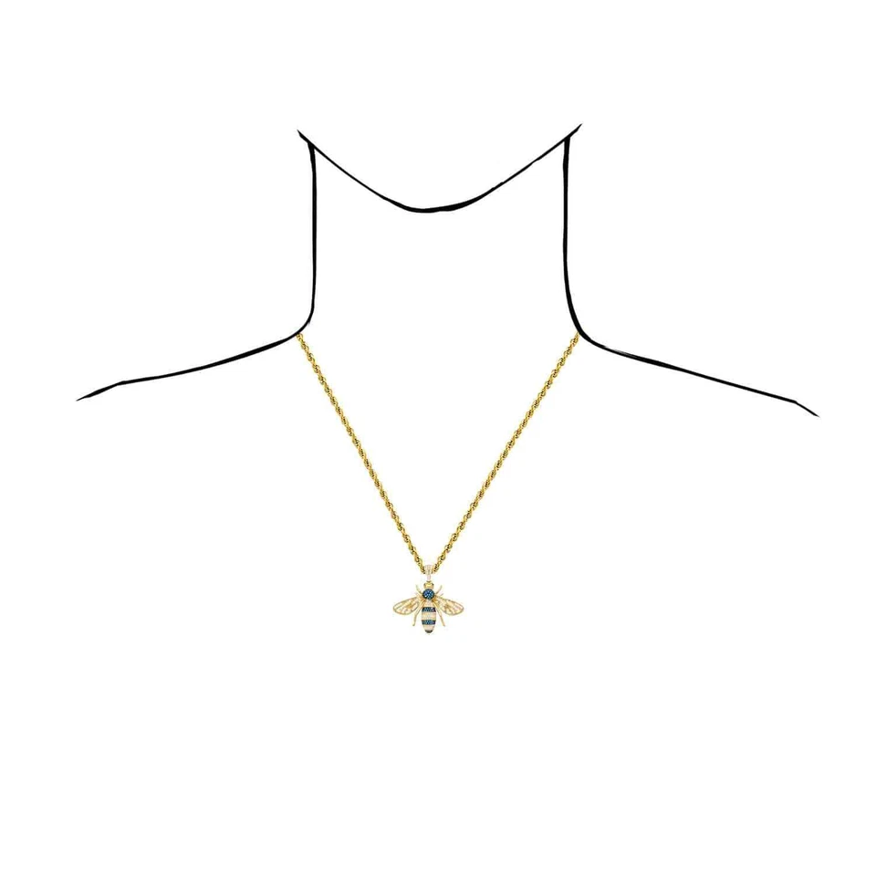 14K желтое белое золото над серебро цирконий синий топаз медоносная пчела 3D подвеска 1,6" - Изображение 3 из 4