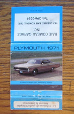 1971 PLYMOUTH CAR DEALER MATCHBOOK COVER: BAIE COMEAU, QC EMPTY MATCHCOVER -C5