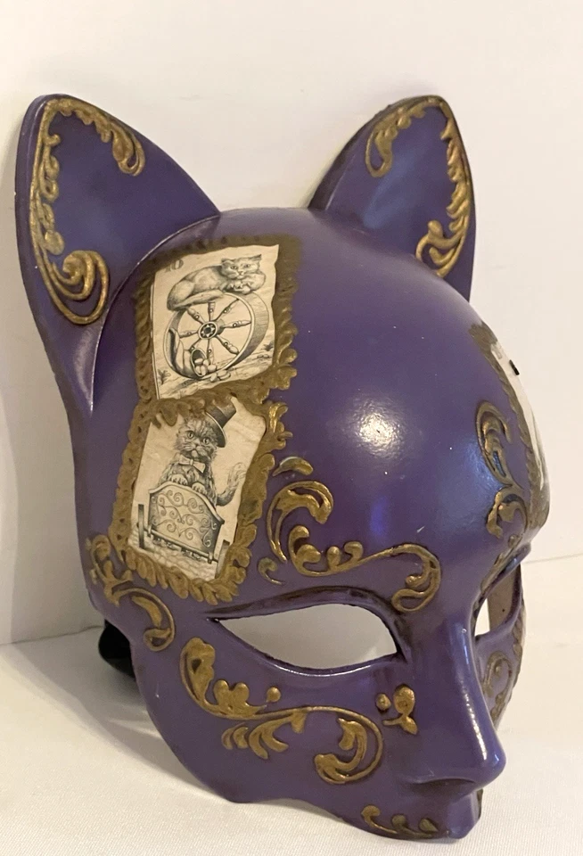 Masquerade Cat Mask Purple Gold Decorated with Cat Stamps Decorative Wall Hanger - Image 2 of 4