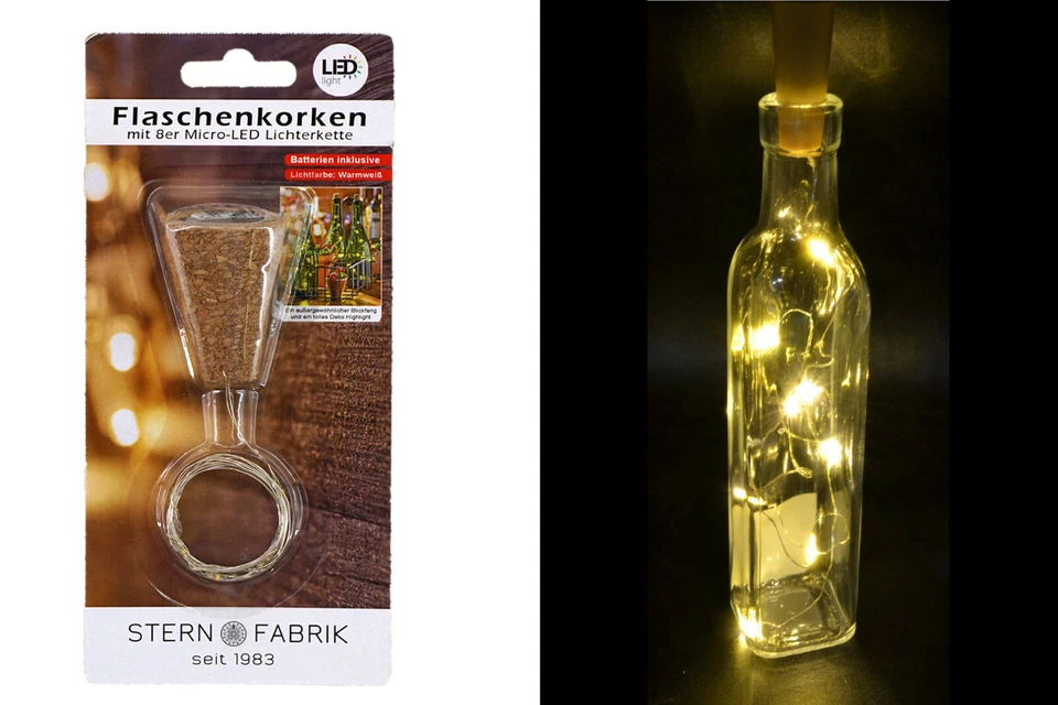 Flaschenkorken echter Kork mit 8er Micro LED Lichterkette Warmweiß 80cm #03 - Bild 1 von 3