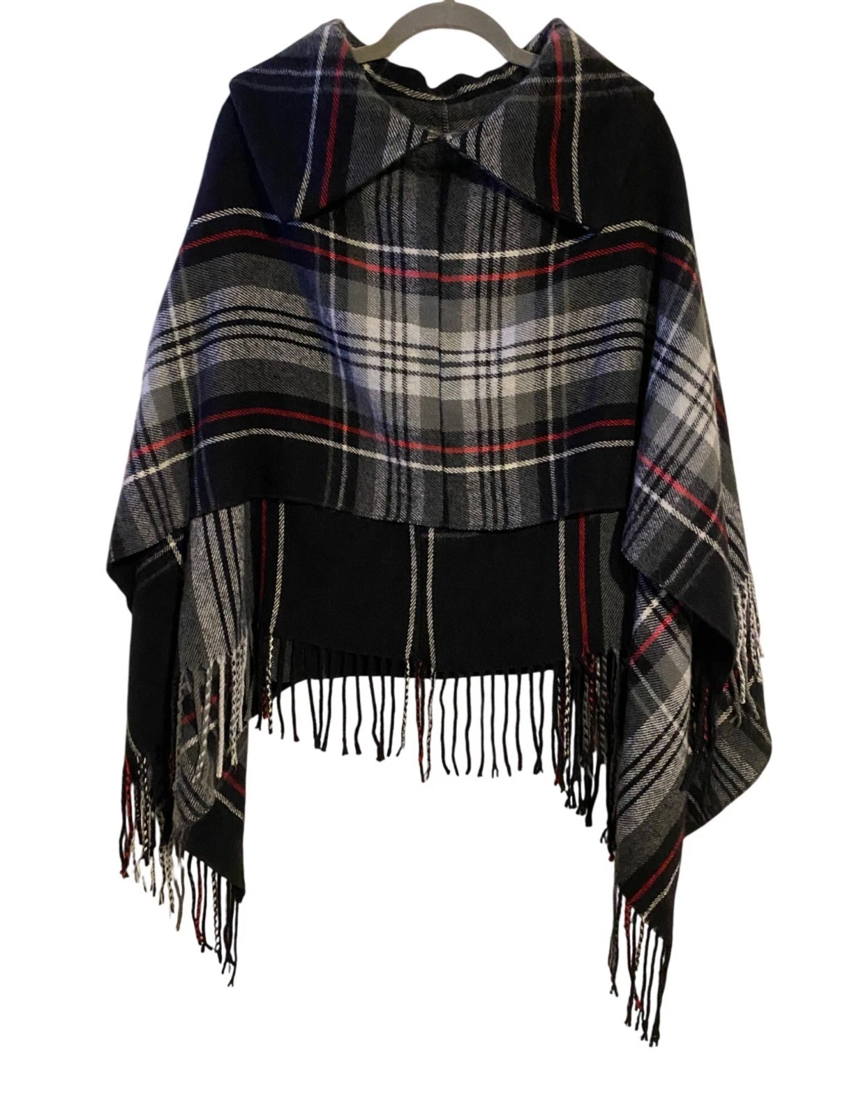 Steve Madden Plaid Fringe Poncho Cape Black Gray Red Women One Size Hippie Boho
