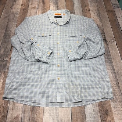 Orvis Fishing Shirt Mens XL Blue Gingham Plaid Roll Tab Sleeve Vented Utility