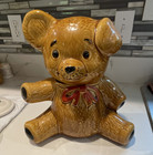 Vintage Ceramic Teddy Bear Cookie Jar w/ Lid Brown Red Bow — photo 1