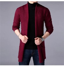 Men Long Style Wool Sweater X-Long Knit Sweater Jackets Solid Color Sweatercoat