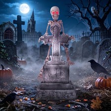 46" Halloween Animatronic Tombstone Decor, Sound  Activated Swaying Skeleton