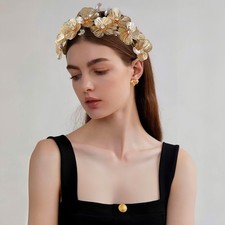 Gold Floral Crown Headband with Crescent Moons and Iridescent Crystals