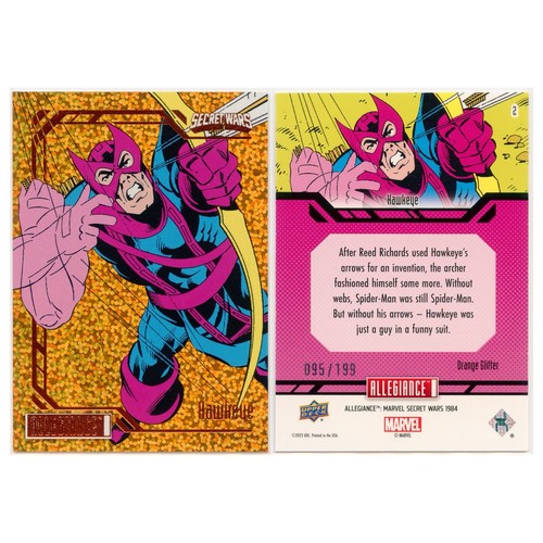 2023 UD Allegiance Marvel Secret Wars Hawkeye Orange Glitter #2 95/199 - Imagen 3 de 3