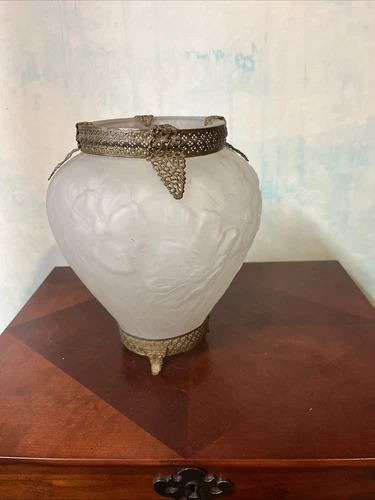 Antique Tiffin Frosted Glass Vase with Gold Ormalu Trim 9.5” H X 8” W