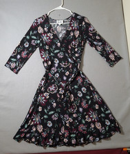 Leota Black Floral Wrap Dress Women’s Small 3/4 Sleeve Stretch Fit & Flare