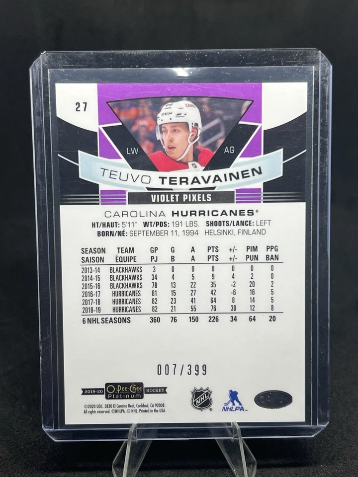 2019-20 O-Pee-Chee Platinum - Teuvo Teravainen #27 Violet Pixels /399 - Image 2 of 2