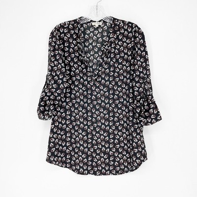 Maison Jules Long Sleeve Split Neck Floral Top Size Small