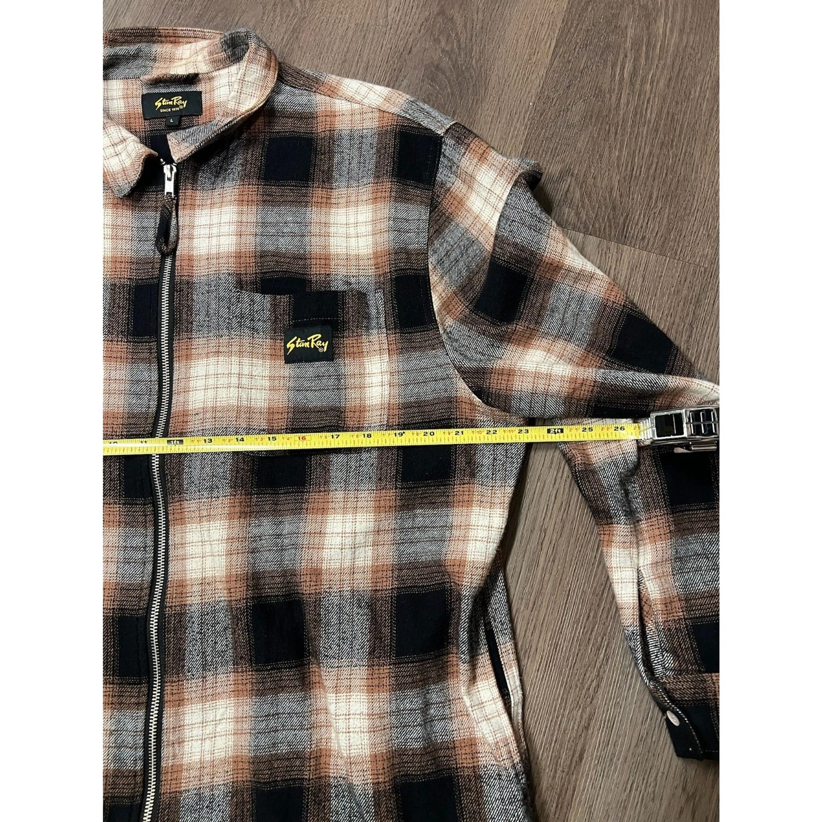 Stan Ray Mens Large Brown Black Plaid Full Zip Cotton Flannel Shirt Jacket image 6