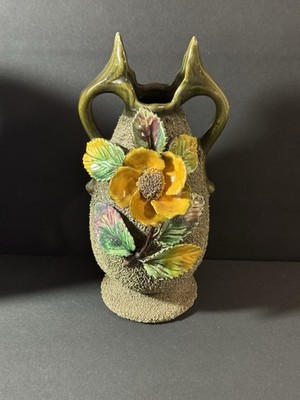 Antique 10.5  FRENCH MAJOLICA Sand BARBOTINE Pottery Vase Applied Floral Marked