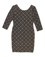 VINTAGE Womens 3/4 Sleeve Sheath Dress UK 12 medium  Black Floral Nylon CD08