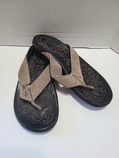 Olukai Paniolo Brown Stitched Leather Beach Flip Flops Sandals Men Size 14