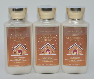 3 NEW BATH & BODY WORKS JOLLY GINGERBREAD VILLAGE LOTION CREAM 8 OZ SHEA COCONUT