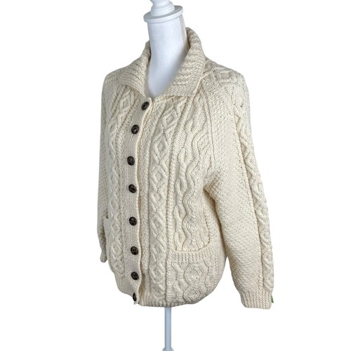 Aran Chunky Handknitted Sweater 100% Wool Ivory Leather Buttons Sz Medium - Picture 2 of 9