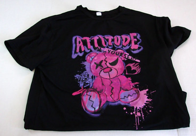 Used Shein TeenSize 14Y Attitude Yourself Black T-Shirt Pink Teddy Bear