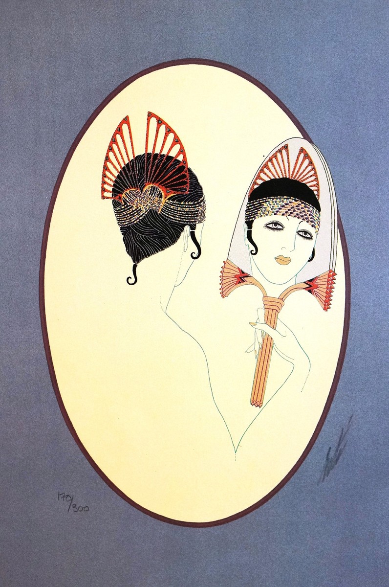 ERTE アートプレート 女性イラスト Erte 1982 FLAPPER GIRL LOOKING in MIRROR JEWEL HEADBAND - Art Deco