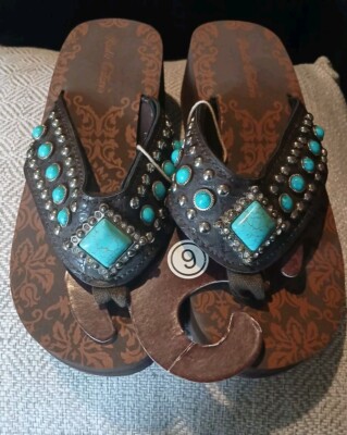 New Rustic Couture Women's Brown And Turquoise Blinged Thong Flipflops US 6