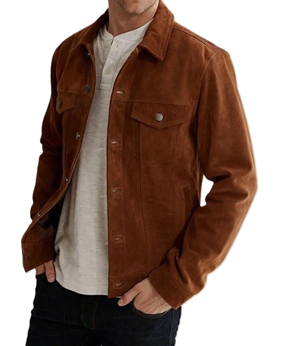 Brown Real Goat Suede Leather Trucker Jacket for Men Western Shirt