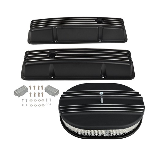 Black Tall Valve Covers & 12" Half Air Cleaner For SBC Chevy 327 350 400 1958-86 - Picture 1 of 12