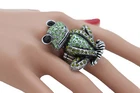 Women Silver Metal Ring Fashion Jewelry Elastic Band Green Frog Animal Luxurious