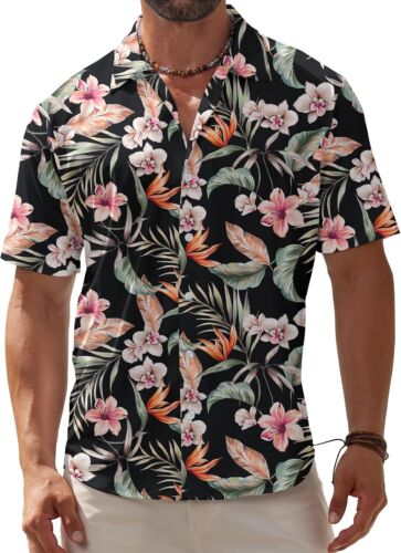 Men's Hawaiian Shirt Wrinkle-Free Short Sleeve Button-Down Floral Beach Shirt - Picture 39 of 45