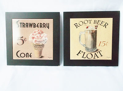 Strawberry Cone/Root Beer Float Ceramic Tile Wood Trivet Hot Plate Wall Art 8x8