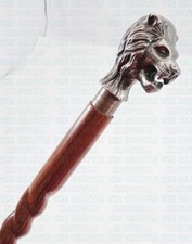 Antique Finish Designer Lion Face Handle Wooden Walking Stick Halloween Gift