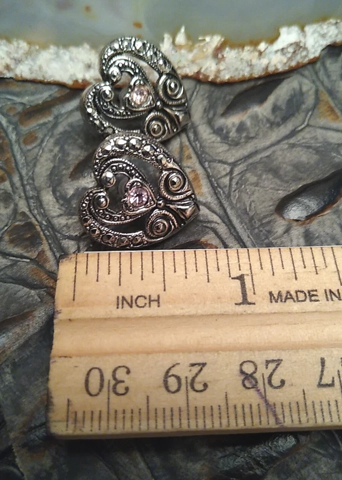 AVON Egyptian Revival Victorian Niello Pink Rhinestone Heart Earrings, Romantic! - Image 3 of 4