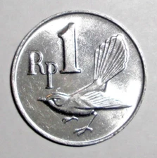 1970 Indonesia Coin 1 rupiah White-Browed Fantail Flycatcher Bird Wildlife Asia