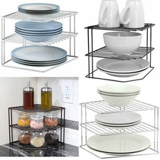 3 TIER KITCHEN CORNER PLATE RACK STORAGE HOLDER STAND PLATES CUPBOARD ORGANISER