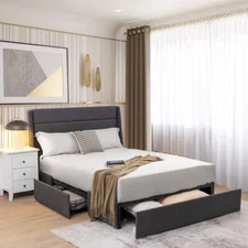 NNECW Queen Size Platform Bed with3 Drawers & Wooden Slats