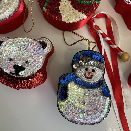 Satin Lined Sequin Christmas Gift Trinket Box Log Of 8 Ornaments Snowman Bear - Picture 3 of 12