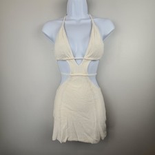 Cream Knit Halter Cut-Out Mini Dress Backless Beach Coverup Small Bodycon Sexy