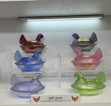 All 6  Exclusive 4.5"  Carnival Glass Hen on Nest Imported Electroplated