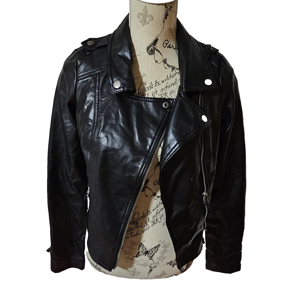 Jay Jays Cropped Black Faux Leather Biker Jacket Sz 8 Womens Ladies 
