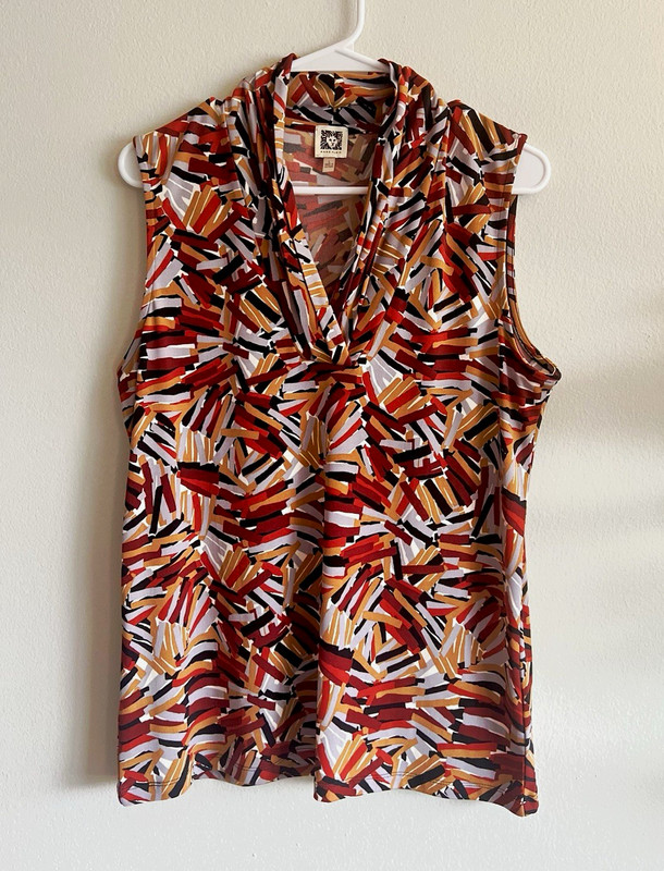 Anne Klein Women’s Draped Cowl V-Neck Sleeveless Stretch Abstract Blouse Sz L
